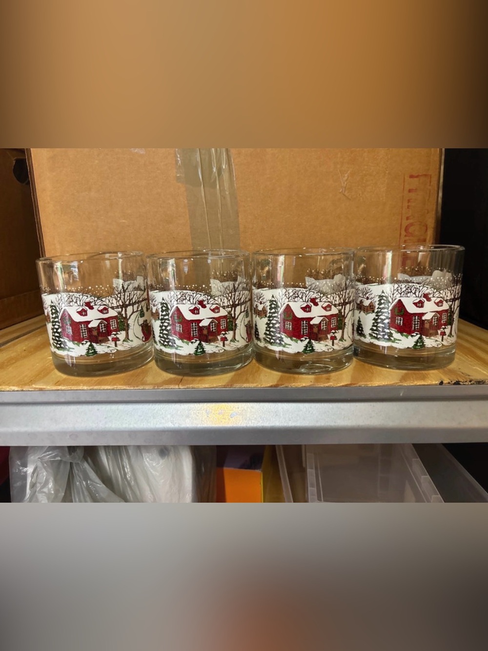 vintage Libbey glass mugs featuring a "Winter Village"